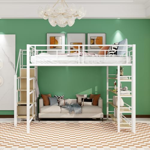 Etagenbett 140x200 mit Kleiderschrank, Hochbett mit Treppe und Aufbewahrungsschrank, Multifunktionsbett Metallbett Einzelbett Stockbett Spielbett Kinderhochbett Jugendhochbett, Ohne Matratze, Weiß