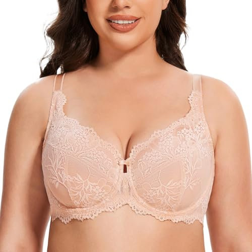 MELENECA Women's Plus Size Minimizer Bras Full Coverage Lace Unlined Underwire Bra Beige 38G
