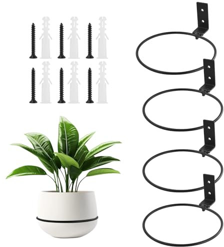 EASYKEENECOM Wall Plant Pot Holder,Wall Planters for Indoor Plants, Foldable Heavy Duty Metal Wall Mounted Flower Pot Ring Holder Plant Hanging Bracket for Home or Garden (4 Pack)