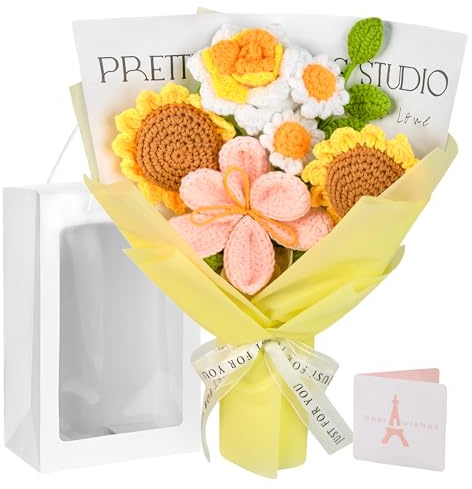 Lot de 7 Bouquets de Fleurs au Crochet pour la fête des mères, tournesols, Tulipes et Roses, décoration d'intérieur, Mariage, Cadeau d'anniversaire pour Maman, Femme, épouse, Amie (Tournesol)