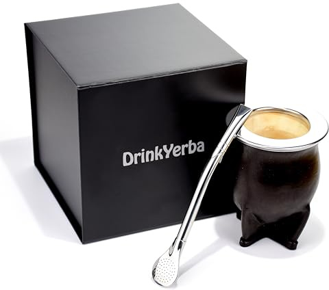 DrinkYerba – Yerba Mate Set – traditioneller Kürbis – Tasse – Mate de Argentina – handgefertigt – Tee – Leder-Küche – Calabaza – Calabash – Cuia – Bombilla (Schwarz – Camionero Uruguayo – 1.8 Liter)