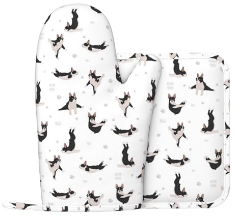 Ofenhandschuhe und Topflappen-Sets, Yoga-Hunde, lustiger Boston Terrier, hitzebeständige Silikon-Ofenhandschuhe, Topflappen für Küche, Backen, Kochen, rutschfeste Ofenhandschuhe, heiße Pads