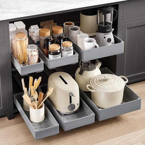 SOLEDI 3 Pack Pull Out Cabinet Organizer, Pull Out Drawer for Kitchen Cupboard, No Drill for Kitchen Cabinets, Bathroom Cabinet, Pantry, Office, Slide Out Drawers Storage Shelf, Grey 3 Sizes