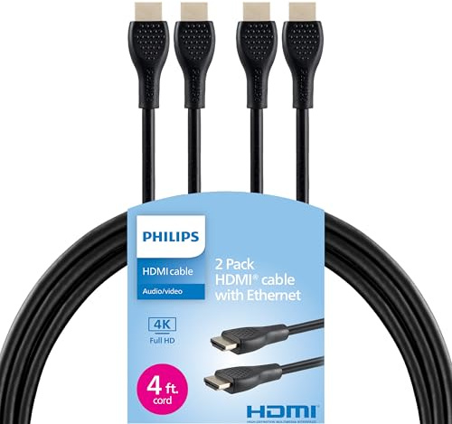 PHILIPS Cavo HDMI 4K, confezione da 2, cavo da 1,2 m, 4K a 120 Hz, trasferimento dati 10,2 Gbps, velocità di aggiornamento video veloce 60-600, compatibile con TV, Blu-ray, laptop, console di gioco,