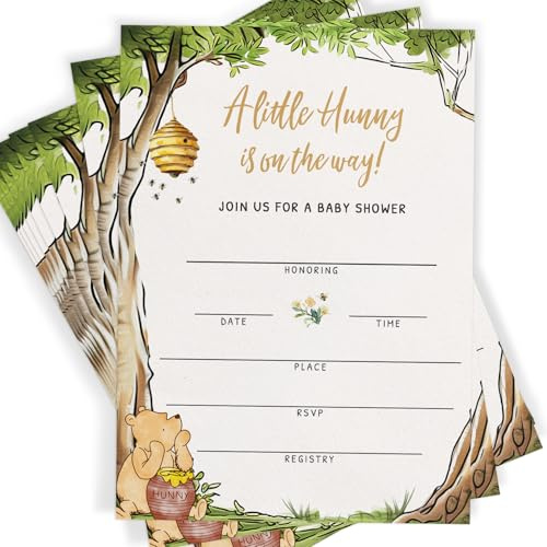 Printed Party Winnie Baby Shower Invitations with Envelopes – Classic Pooh Theme, Gender Neutral Storybook Design for Baby Boy or Girl, Set of 30 | A Little Hunny is on the Way, Classic Winnie Storybook Design for Boy or Girl, Ready to Send, Made in USA by Printed Party
