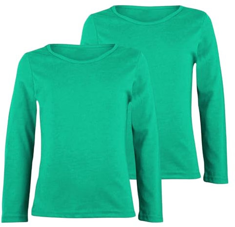 janisramone® Kids Plain Tshirt, Pack of 2 Round Neck Boys Long Sleeve T Shirt, Comfortable Girls School Shirts, Stretchy Girls and Boys Sports Top, Basic Summer Top Jade Green