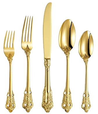 BOSHYUM 25-teiliges, wunderschönes Silberbesteck-Set für 5 Personen, Edelstahl 18-10, antik vergoldet, Besteckset im Barock-Stil für die Hochzeit