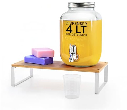 Avilia Dispenser per Detersivo Lavatrice Liquido 4L in Vetro con Rubinetto – Contenitore con Coperchio e Dosatore in Metallo Cromato, Ideale per Sapone, Ammorbidente e Detersivi – Ideale in Lavanderia