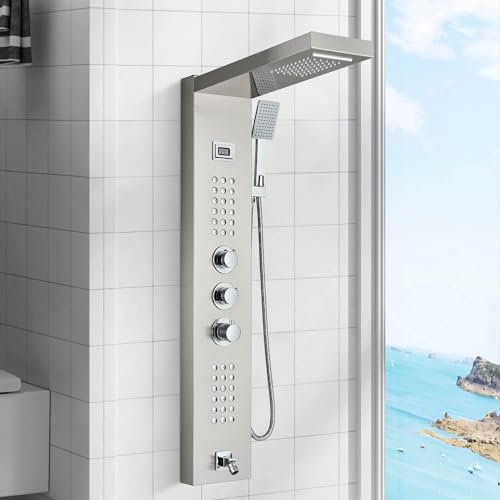 Cesinkin Duschpaneel mit Thermostat Edelstahl mit Armatur Gebürstetes Nickel mit LCD Temperaturanzeige Multifunktionale Duschsysteme mit Regenbrausenmodi, Handbrause, Massagedüsen, Wannenauslauf
