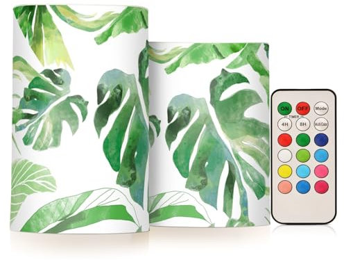 Flammenlose Kerzen Grün Palmblatt Monstera LED Kerzen Flackern mit Fernbedienung Timer Batteriebetriebene Kerzen 2er Set Home Hochzeit Dekoration