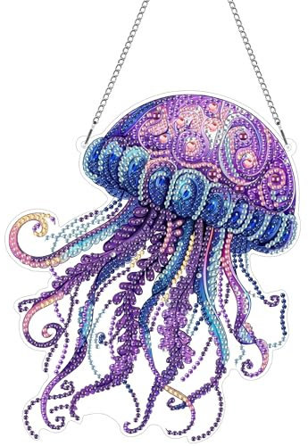 Hoobee Qualle Diamond Painting Anhänger, Tier Diamond Painting Fensterbilder, 5D Diamant Painting mit Kette, Wandbehang Kits-Für Zuhause Wanddekoration Und Eingang Dekoration 20x20cm(Qualle)