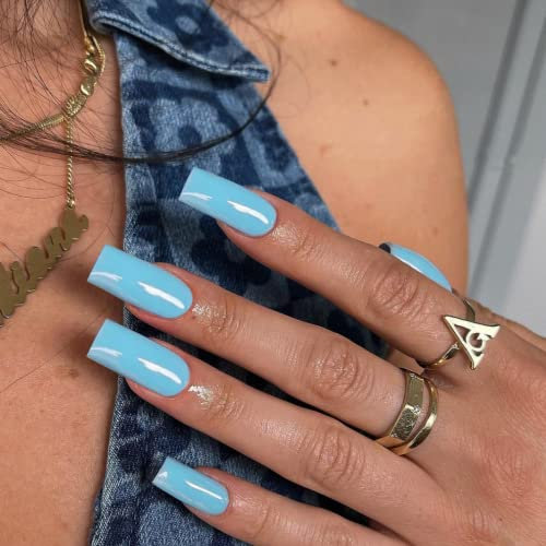 KQueenest Press On Nails Lange Mandel Eckig, Sarg Nägel zum Aufkleben Baby Blau, Glänzende Jelly-Gel Fake Nails Fingernägel zum aufkleben Ballerina, Einfarbig Acryl Kunstnägel für Frauen, 24 Stück