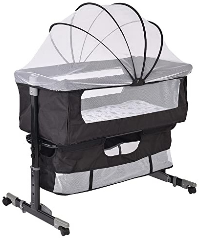 homewell 3 en 1 Lit Bébé Multifonction, Berceau Hauteurs Réglables et de l’Inclinaison du Matelas, Lit Cododo avec Moustiquaire, Roues Universelles et Panier de Rangement, 92 * 58*(70-90) cm (Noir)