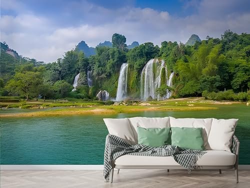 Forest Waterfall Wall Mural, Self Adhesive Wallpaper Peel and Stick, Nature Jungle Home Decor Photo Wallpaper, Silk Cloth Wall Sticker for Living Room & Bedroom, 350x256 cm - N-832