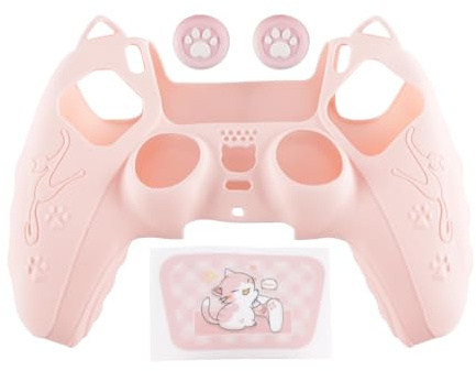 Ausi Juego de fundas para mando rosa con agarres para el pulgar y pegatina para panel táctil para mando P5, funda protectora suave y antideslizante, color rosa