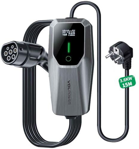 VDLPOWEREU Cargador Coche Electrico, Cargador de Vehículo Eléctrico de 3,6 Kw / 15m Tipo 2, Cable de Carga de Vehículo Eléctrico 8-16A, con Enchufe de La UE para Tomas estándar de la UE IEC 62196-2