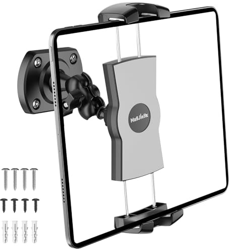 MAGJIEYX Tablet Wall Mount Holder, 360° Rotation Wall Holder with Arm Drilled Screw Mounted for Kitchen/Gym/Office Universal Clamp for iPad Pro/Air/Mini, Galaxy Tab, All 6-12.9 Devices