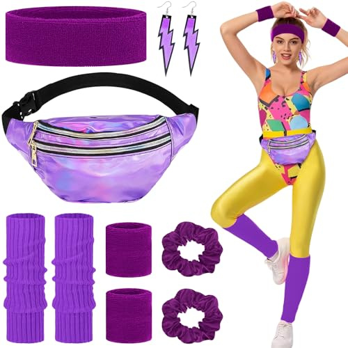 Betrynidil 80er Jahre Outfit Damen Set, Damen 80er Jahre Workout Kostüm, mit Bauchtasche, Stirnband, Haargummi, Beinwärmer, Armbänder und Ohrring, für Karneval Neon Party (Lila)