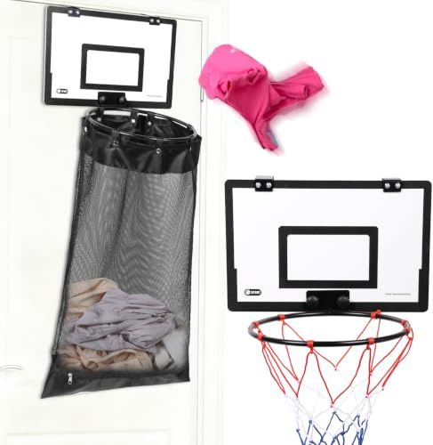 Basketball Wäschekorb für Tür, 2 in 1 Wäschesack zum Aufhängen | Platzsparend Ohne Bohren an der Tür, Langlebiges Atmungsaktives Netzgewebe, Unterer Reißverschluss zum Leichten Entleeren
