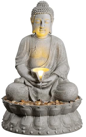 Fontaine à eau d'extérieur Bouddha méditant avec lumière LED, finition pierre grise, base lotus avec galets