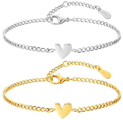 J.Fée 2 Stück S925 Armband Damen Gold, Silber Armband mit Herz, 18K Vergoldet Freundschaftsarmbänder Damen, Partner Armbänder Gold, 16.5+5cm, Verstellbare Wasserfest Armbänder Geschenke für Paar