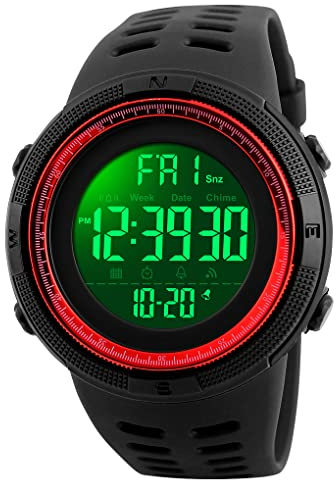 TONSHEN Digitales Relojes de Hombre Deportivos Militares Táctica 50M Resistente Agua Outdoor LED Display Multifuncional Electrónica Plástico Bisel Y Correa Goma Relojes de Pulsera (Rojo)