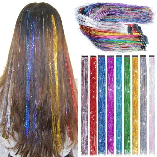 FAIRY COLOR 9PCS Girls Hair Accessories Party Highlights Colorful Clip in Synthetic Hair Extensions，Straight Long Hairpiece (Rainbow Color)