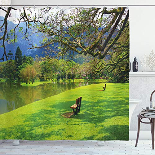 ABAKUHAUS Natur Duschvorhang, Panorama öffentliche Wiev, Stoffliches Gewebe Badezimmerdekorationsset mit Haken, 175 x 240 cm, Violettblau Lindgrün