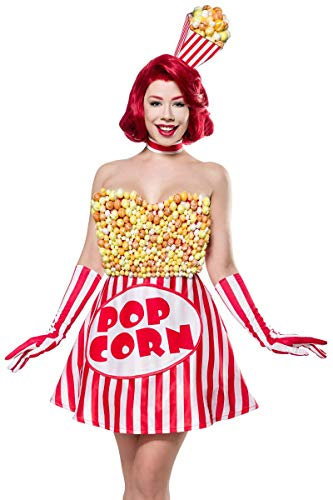 Unbekannt Damen Popcorn Girl Fantasy Kostüm Süßigkeiten Verkleidung aus Kleid, Haarreif, Handschuhe in bunt Popcorntüten-Form XL