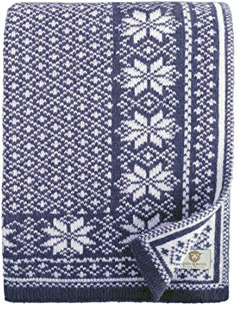 Linen & Cotton Decke Wolldecke Gestrickt North mit Nordisch Muster - 100% Reine Neuseeland Wolle, Blau (130 x 180cm) Wohndecke Kuscheldecke Strick/Sofadecke/Strickdecke/Überwurf/Plaid Couch Sofa