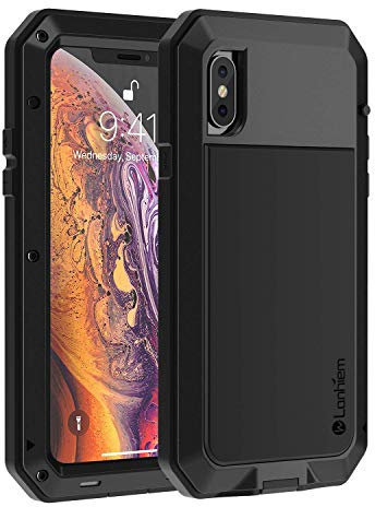 Lanhiem iPhone X/Xs Metal Case, Heavy Duty Shockproof [Tough Armour] Rugged Case with Built-in Glass Screen Protector, 360 Full Body Protective Cover for iPhone X/Xs, Dust Proof Design -Black
