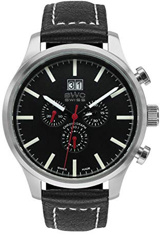 BWC Swiss Herren Uhr Chronograph Quarz mit Leder Armband 200095004