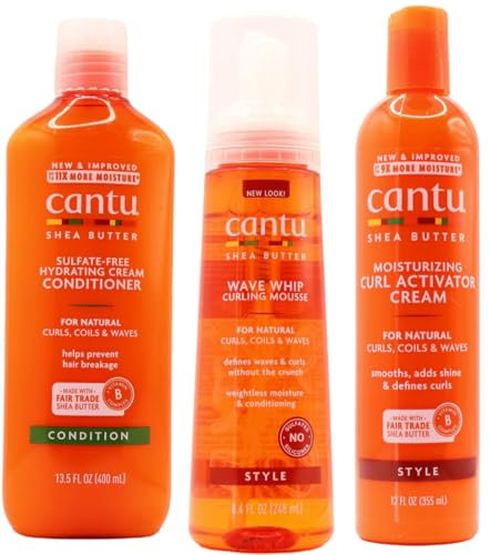 Cantu SHea Butter Feuchtigkeitsspendende Curl Activator Creme, Wave Whip Curling Mousse & Hydrating Cream Conditioner Combo (3er Set)