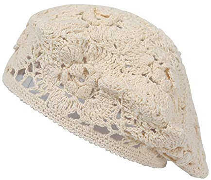 ZLYC Damen Baumwolle Häkelmütze Barette Handgemacht Retro Aushöhlen Strickmütze Frühling Sommer Leicht Elegant Baskenmützen (Einfarbiges Beige),Gr.Einfarbiges Beige