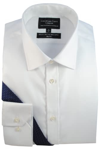 Men's Long Sleeve White Shirt - Easy Iron - 100% Cotton - Slim Fit | Fit Guaranteed - Business Formal Smart Casual - Shirts for Men - Twill - Double or Single Cuff - Plain Pattern
