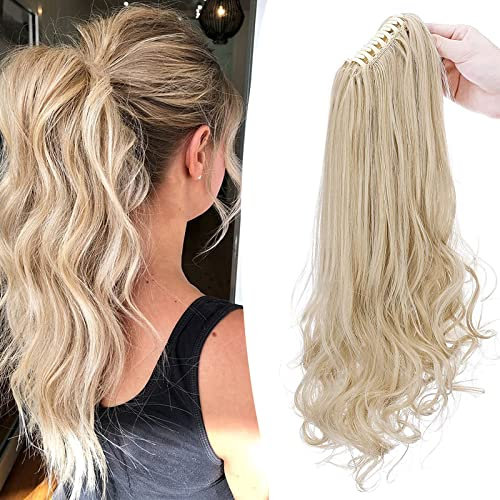 45cm Ponytail Extension Pferdeschwanz Zopf mit Klammer Haarteil Haarverlängerung Hair Piece Haar Hitzebeständig (Glatt+Gewellt) wie Echthaar Aschblond Mix Bleichblond