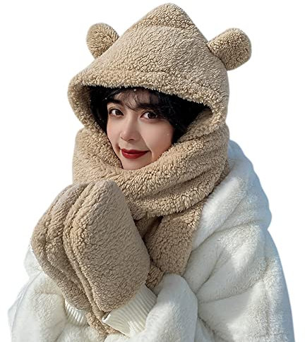 Ensemble 3 en 1 Chapeau Echarpe Moufle Femme Fille Bonnet Hiver Chaud en Peluche Chapeau Chapka Cagoules avec Foulard et Gants Cache Oreilles Capuche Bonnet de Ski Voyage Noël Outdoor
