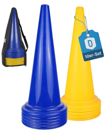 Dönges XXL-Pylonen 10er-Set, 50 cm hoch, blau/gelb mit Transporttasche Hütchen Leitkegel Markierungskegel Agility Pferdesport Bodenarbeit Hundesport Reittraining Slalomparcour Outdoorsport Reitsport