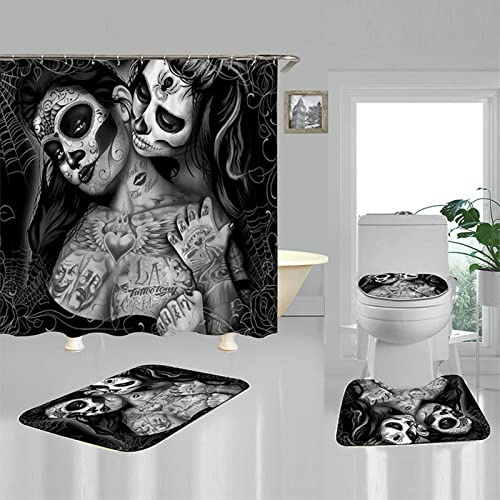 KnSam Rideau de douche, anti-moisissure rideaux imperméables gothique tête de mort tatouage femmes polyester rideau de bain pour salle de bain tapis de sol ensemble de rideau de douche avec 12 anneaux