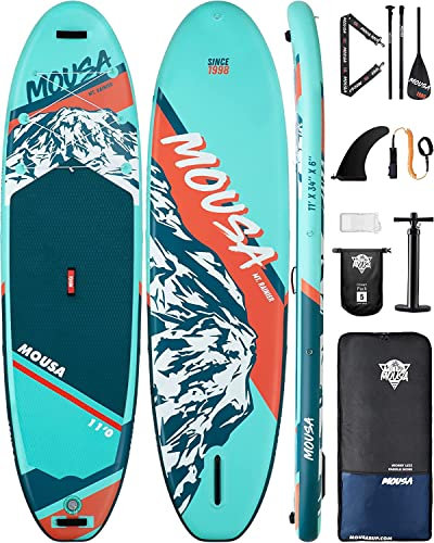 MOUSA 28,9 x 86,4 cm extra breites aufblasbares Stand-Up-Paddle-Board, stabiles ultrabreites SUP für 2 Personen/Familie mit Schultergurt, 1600D Rucksack, Allround-Sup-Board mit schwimmfähigem Paddel,