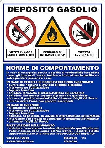 NEW CARTELLO SEGNALETICO - DEPOSITO GASOLIO Norme di COMPORTAMENTO - Adesivo Extra Resistente, Pannello in Forex, Pannello In Alluminio (ADESIVO 30X42 cm)