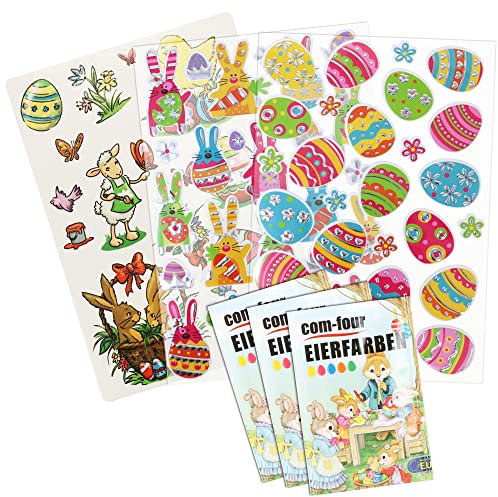com-four® 3x Oster-Sticker [Auswahl variiert] 3x Eierfarbe zum Färben von Ostereiern - Praktisches Oster-Deko-Set (025x Farbe mit Sticker)