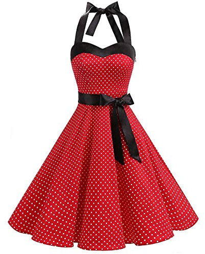 OBEEII Damen 50er 60er Jahre Kleid Vintage Cocktailkleid Neckholder 1950er Hepburn Stil Rockabilly Petticoat Kleid Rot S