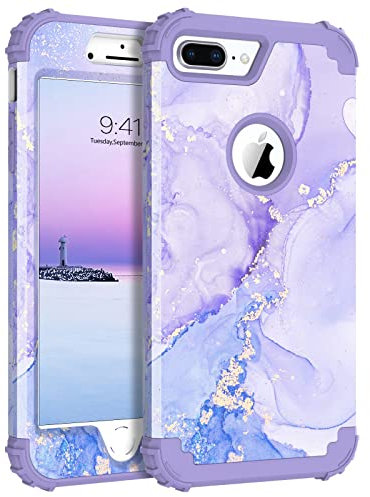 BENTOBEN iPhone 8 Plus/iPhone 7 Plus Case, Heavy Duty 3 in 1 Full Body Shockproof Hybrid Hard PC Bumper Drop Protective Case, Purple Marble Design