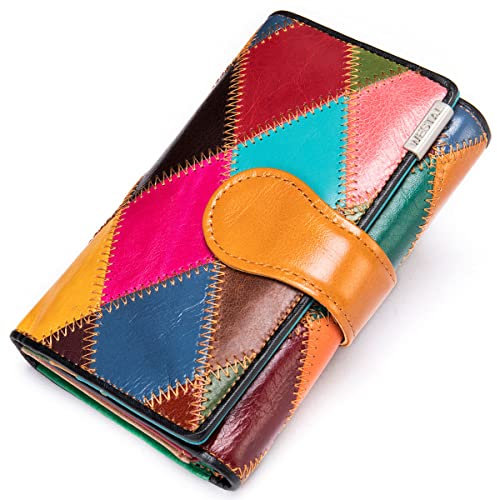 Karoukee Petit Portefeuille pour Femme en Cuir Véritable avec Patchwork Coloré Design, Unique Porte-Cartes de Crédit Multicolore Portemonnaie Fait Main avec Fenêtre ID et Poche à Fermeture Éclair