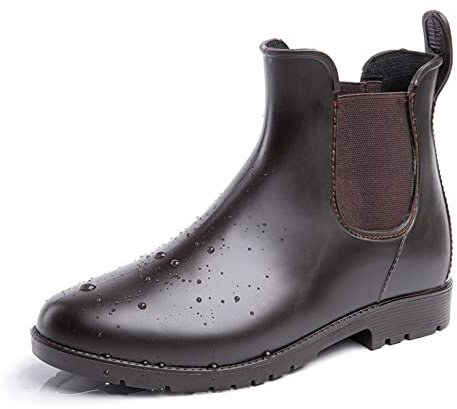 Hitmars Gummistiefel Damen Gartenschuhe Rain Boots Regenstiefel Chelsea Boots Segelstiefel Wasserdicht Regenschuhe Halbgummistiefel Braun EU38