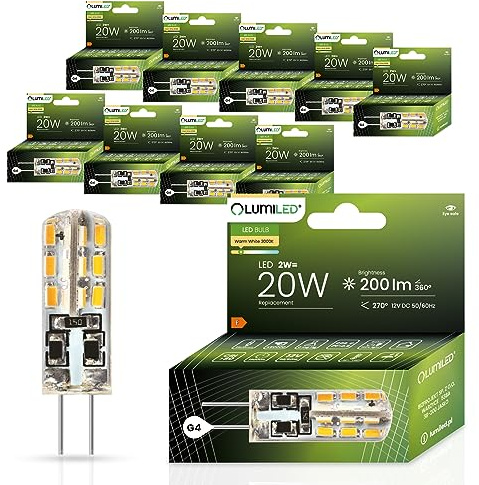 Lumiled LED Lampen G4 10er Set Leuchtmittel 2W (ersetzt 20W Glühlampe) 3000K Warmweiß 200lm 270° Lichtwinkel 12V DC Mini Glühbirnen kleine Birne Energiesparende kein Flackern SMD