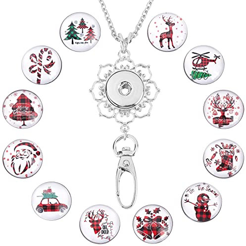 SUNNYCLUE 1 Boîte 12 Styles Badge de Noël Longe ID Porte-Badge Porte-Badge de Bureau Chaîne avec 12pcs Alliage Breakaway Snap Boutons Charms Bijoux Pendentif Clip Boîte en Plastique 30 Pouces de Long