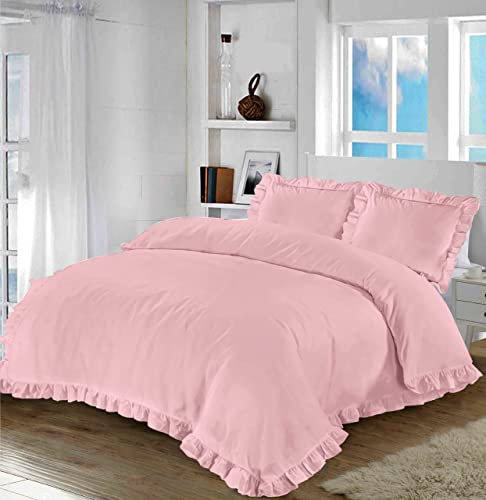 Night Zone Santiago Duvet Cover Bedding Set Frilled Edge Easy Care Polycotton Plain Pattern Ruffle Frill Corner with Pillowcases (Blush Pink, Single)