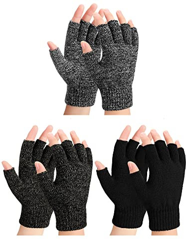 SATINIOR 3 Paar Winter Fingerlose Handschuhe Gestrickt Halbfinger Handschuhe für Herren Damen (Schwarz, Schwarzgrau, Schwarz Weiß)